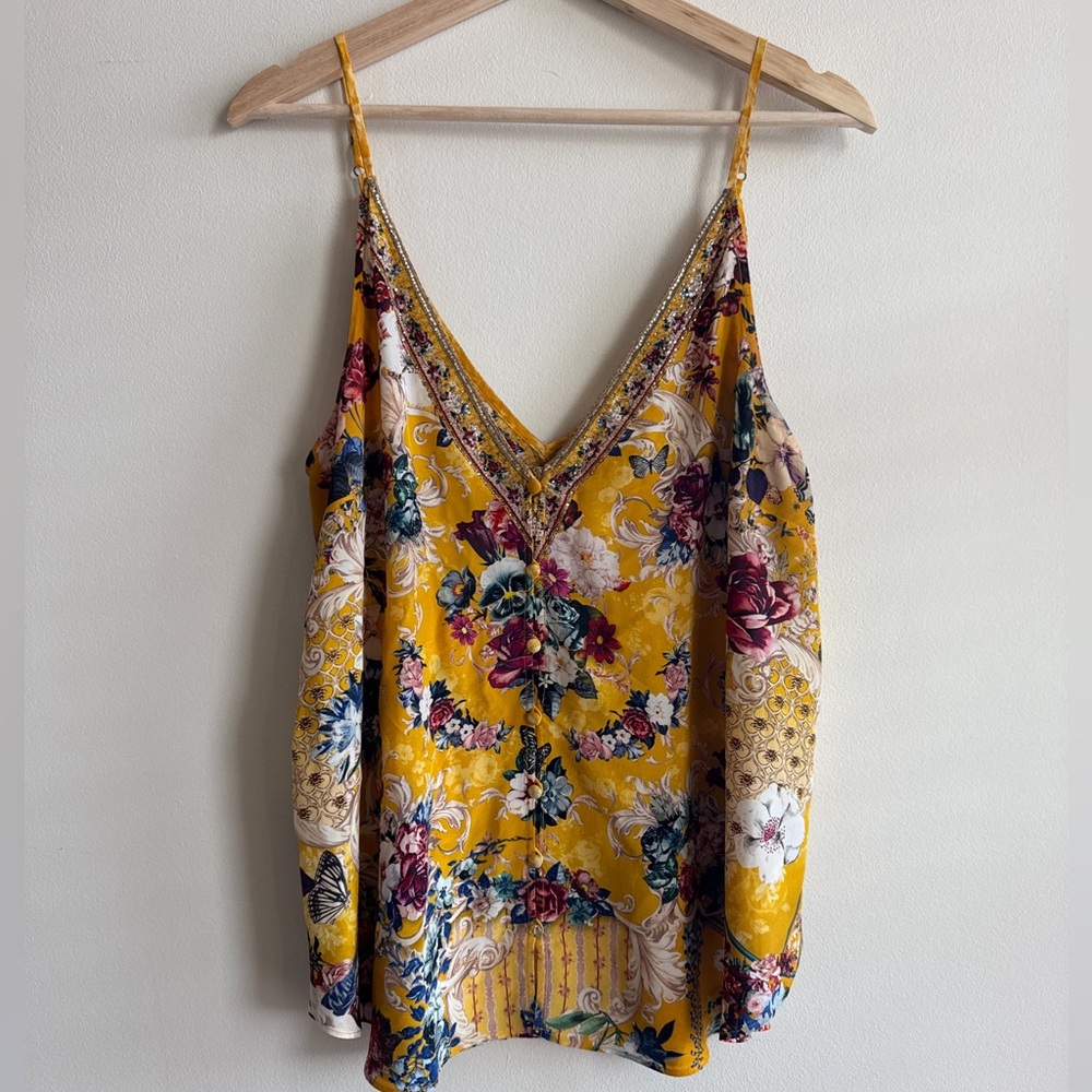 Yellow floral Camilla cami 100% silk top with beaded details